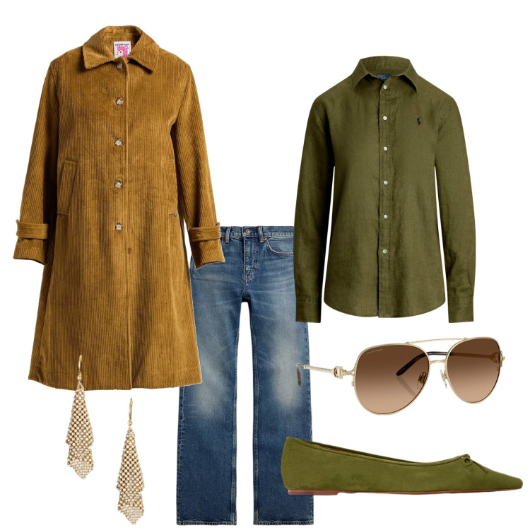 Outfit donna - Aperitivo sul lago. Stile Trendy per Serata fuori. Abbinamento con cappotti, occhiali da sole, camicie, jeans bootcut, ballerine, orecchini.