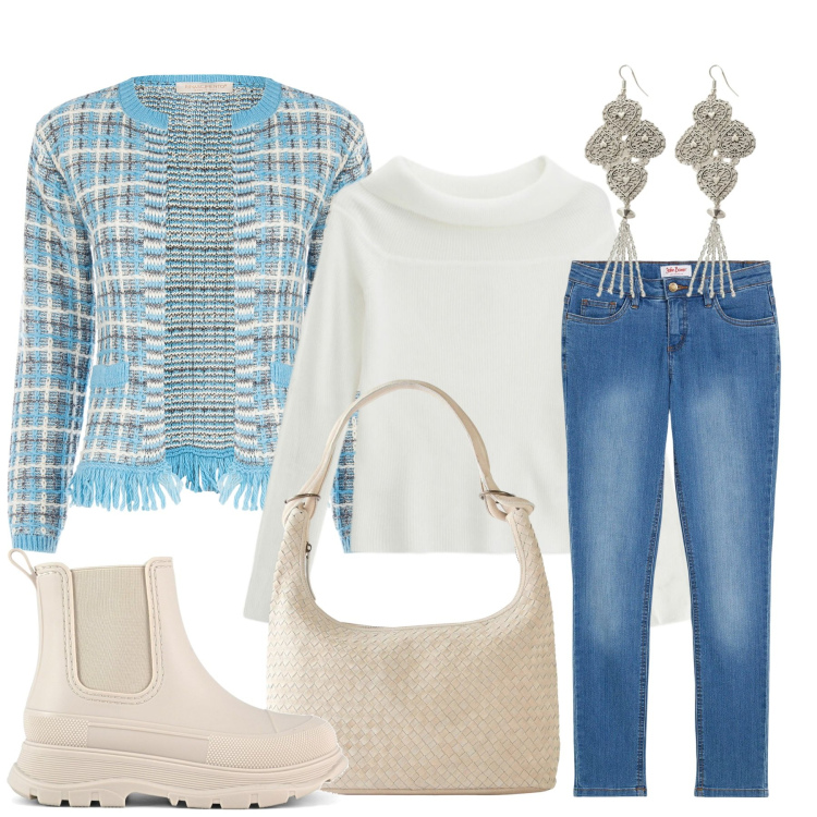 Outfit donna - Dall\' inverno alle mezze stagioni. Stile Basic per Tutti i giorni. Abbinamento con jeans skinny, shopping bag, maglieria, orecchini, blazer, stivali.