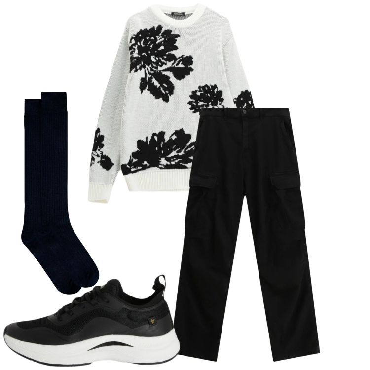 Outfit uomo - Total look #2331854. Stile Casual per Tutti i giorni. Abbinamento con pullovers, pantaloni cargo, sneakers, calzini.