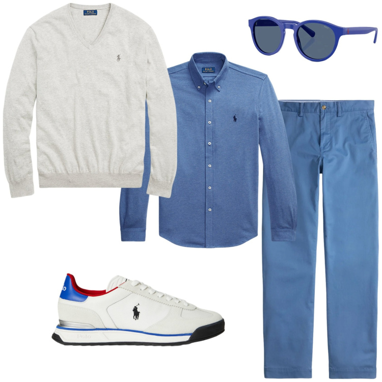 Outfit uomo - Trendy ufficio week end. Stile Trendy per Ufficio. Abbinamento con maglieria, occhiali da sole, sneakers, camicie, pantaloni chino.