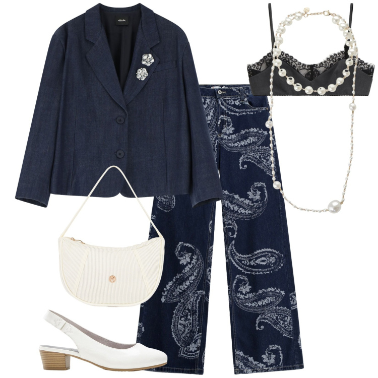 Outfit donna - Total look #2331858. Stile Chic per Serata fuori. Abbinamento con décolleté, top, collane, blazer, jeans, borse a mano.