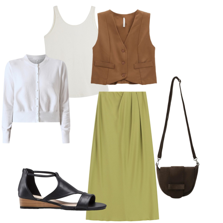 Outfit donna - Minimalist Sand. Stile Minimal per Tutti i giorni. Abbinamento con sandali, gilet, gonne lunghe, borse a tracolla, cardigans, top.
