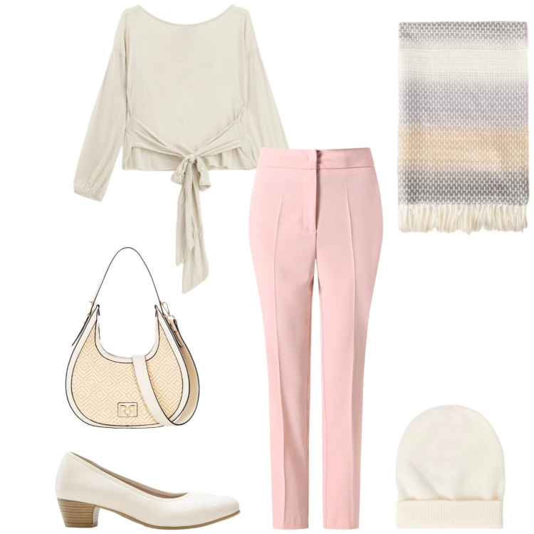 Outfit donna - Total look #2331863. Stile Bon Ton per Ufficio. Abbinamento con décolleté, top, borse a mano, pantaloni, berretti, sciarpe.