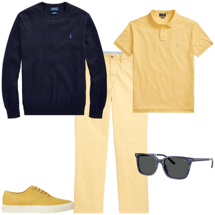 Outfit uomo - Trendy ufficio week end. Stile Trendy per Tutti i giorni. Abbinamento con maglieria, polo, pantaloni, sneakers, occhiali da sole.