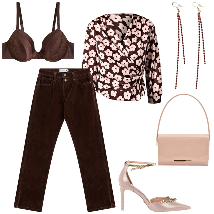 Outfit donna - Total look #2331869. Stile Chic per Serata fuori. Abbinamento con reggiseni, orecchini, bluse, décolleté, pochette, pantaloni.