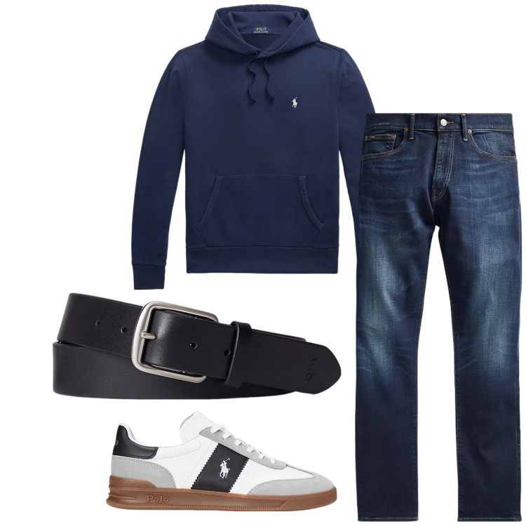 Outfit uomo - Total look #2331872. Stile Trendy per Tutti i giorni. Abbinamento con felpe con cappuccio, jeans, cinture, sneakers.