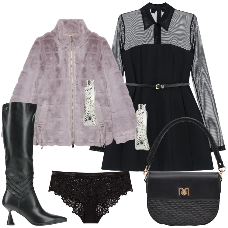 Outfit donna - A San Valentino. Stile Chic per Serata fuori. Abbinamento con culotte, stivali, vestiti corti, borse a spalla, orecchini, ecopellicce.