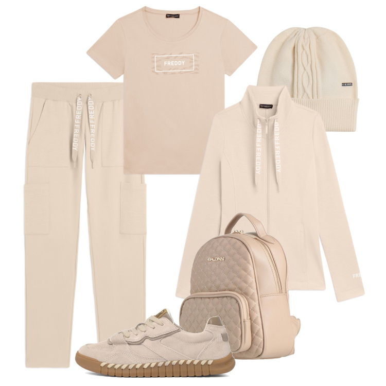 Outfit donna - Freddy greige. Stile Casual per Tutti i giorni. Abbinamento con zaini, pantaloni, berretti, felpe, t-shirt, sneakers.