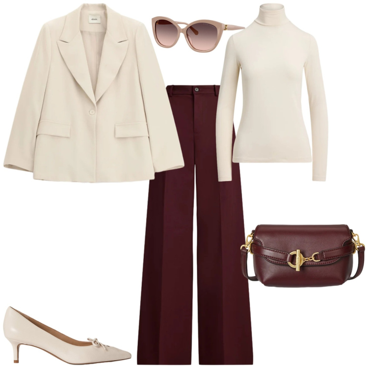 Outfit donna - Chic in ufficio week end. Stile Chic per Tutti i giorni. Abbinamento con blazer, occhiali da sole, maglieria, borse a tracolla, pantaloni, décolleté.