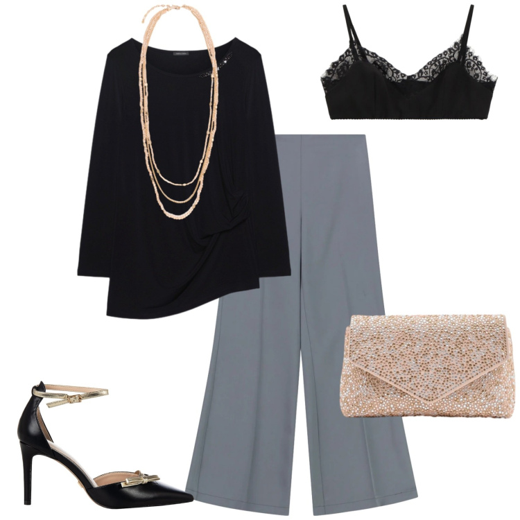 Outfit donna - Total look #2331880. Stile Minimal per Cerimonia. Abbinamento con bralette, pantaloni a palazzo, décolleté, pochette, collane, bluse.
