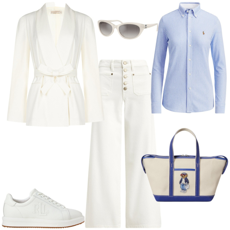 Outfit donna - Trendy ogni giorno. Stile Trendy per Tutti i giorni. Abbinamento con blazer, camicie, occhiali da sole, sneakers, borse tote, jeans.