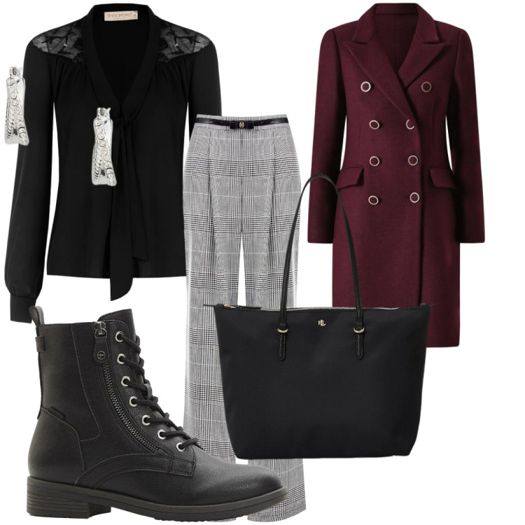 Outfit donna - Bella in ufficio!. Stile Casual chic per Ufficio. Abbinamento con stivaletti, pantaloni, cappotti, bluse, borse tote, orecchini.