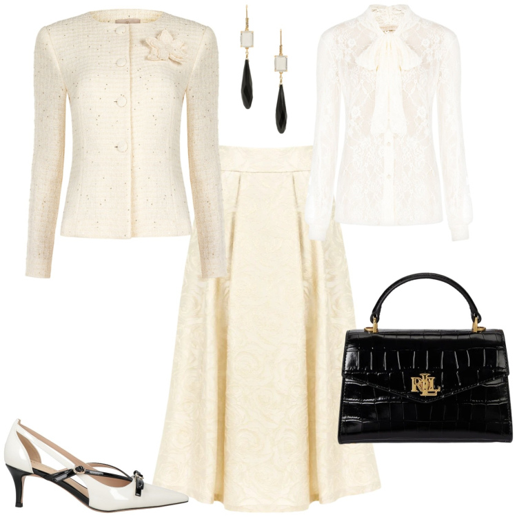 Outfit donna - Bon ton cerimonia serata evento. Stile Bon Ton per Cerimonia. Abbinamento con décolleté, gonne longuette, camicie, blazer, borse a mano, orecchini.