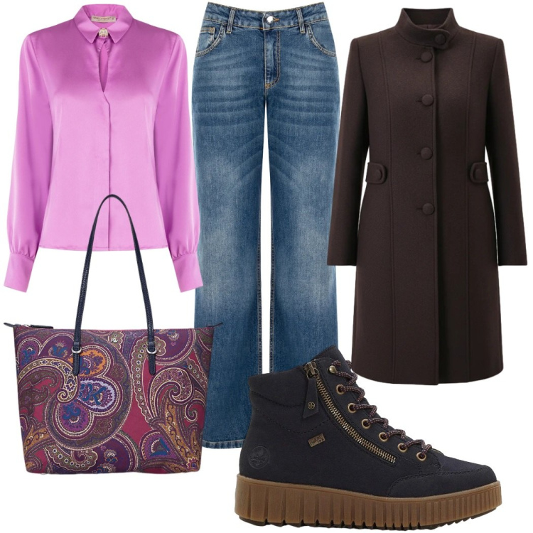 Outfit donna - Jeans con amore. Stile Casual chic per Ufficio. Abbinamento con sneakers alte, jeans, camicie, cappotti, borse tote.