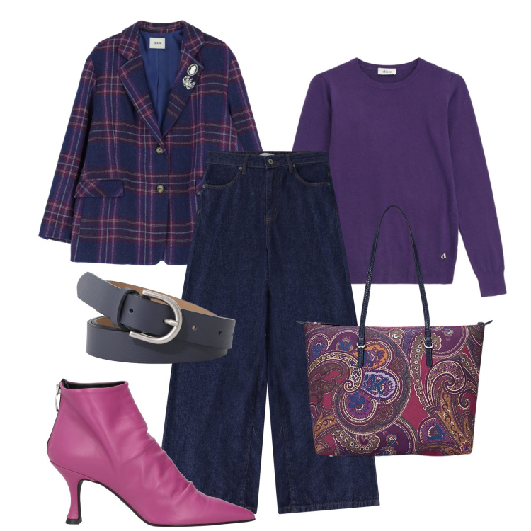 Outfit donna - City purple blue. Stile Trendy per Tutti i giorni. Abbinamento con stivaletti, cinture, jeans, blazer, maglieria, borse tote.