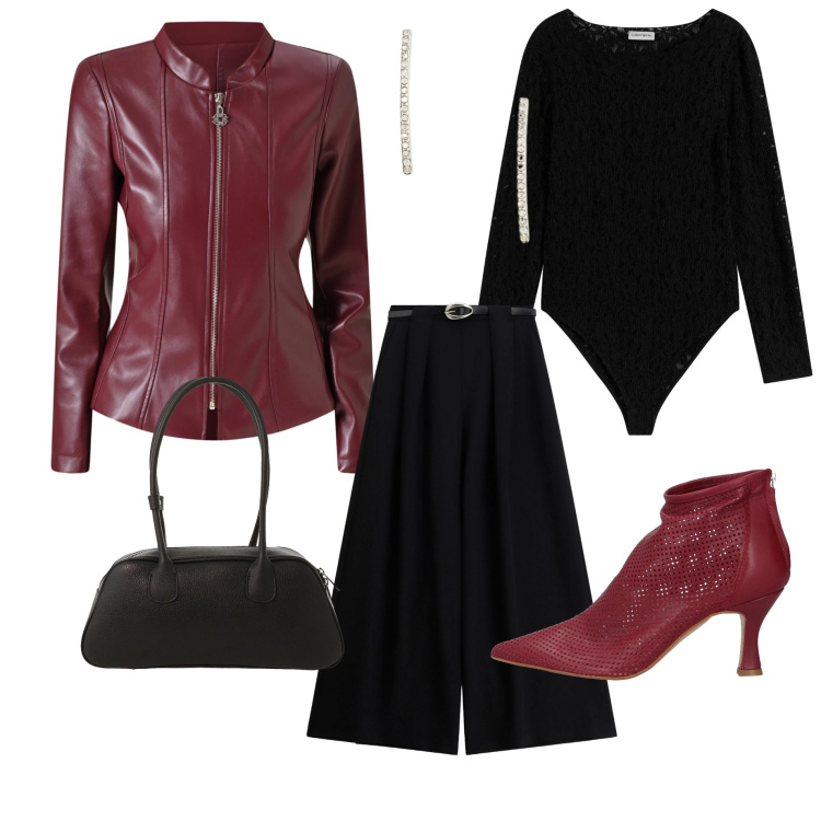 Outfit donna - Borgogna per la sera. Stile Chic per Serata fuori. Abbinamento con body, stivaletti, pantaloni a palazzo, borse a mano, blazer, orecchini.