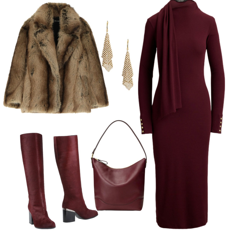 Outfit donna - Total look #2331906. Stile Glamour per Serata fuori. Abbinamento con stivali, vestiti corti, borse a secchiello, vestiti, orecchini.