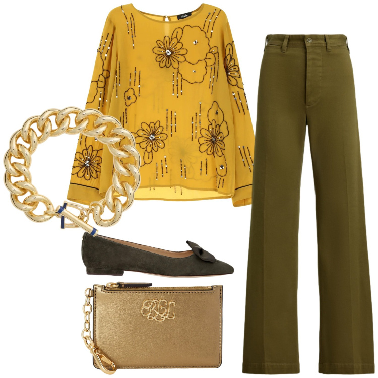 Outfit donna - Total look #2331915. Stile Chic per Tutti i giorni. Abbinamento con camicie, ballerine, portafogli, pantaloni, braccialetti.