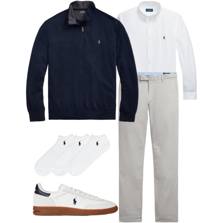 Outfit uomo - Man. Stile Casual per Tutti i giorni. Abbinamento con calzini, pullovers, camicie, pantaloni, sneakers.