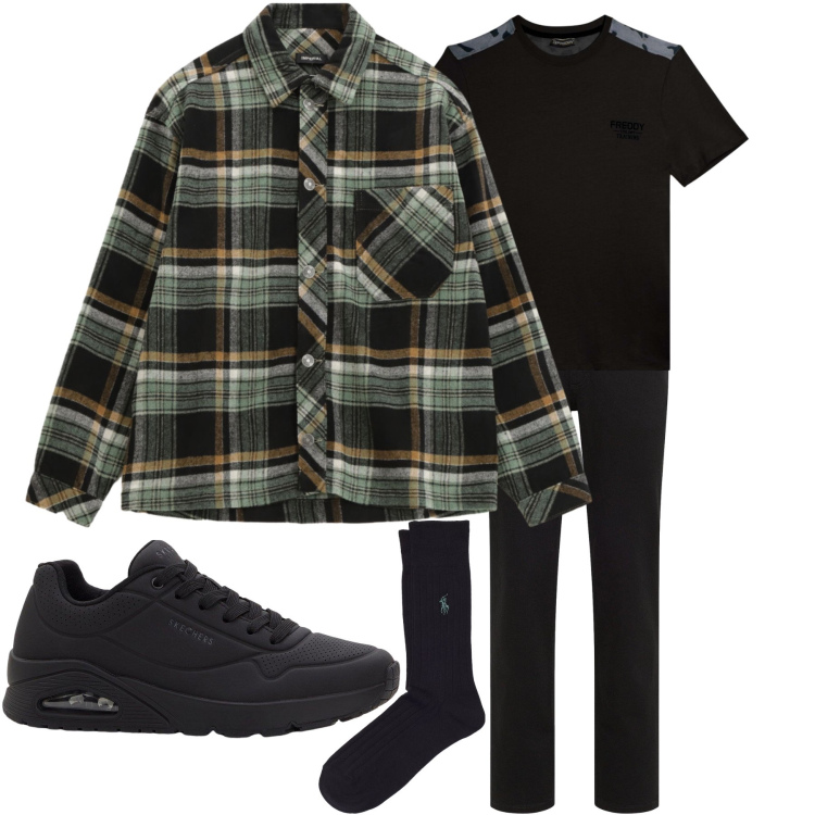 Outfit uomo - Man. Stile Casual per Tutti i giorni. Abbinamento con camicie, t-shirt, calzini, sneakers, jeans dritti.