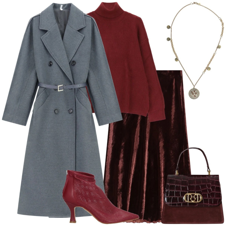 Outfit donna - Total look #2331977. Stile Chic per Ufficio. Abbinamento con stivaletti, cappotti, gonne lunghe, ciondoli, maglieria, borse a mano.