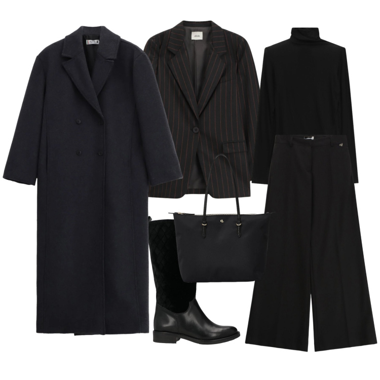 Outfit donna - Total look #2331997. Stile Casual per Tutti i giorni. Abbinamento con stivali, pantaloni a palazzo, blazer, t-shirt, cappotti, borse tote.