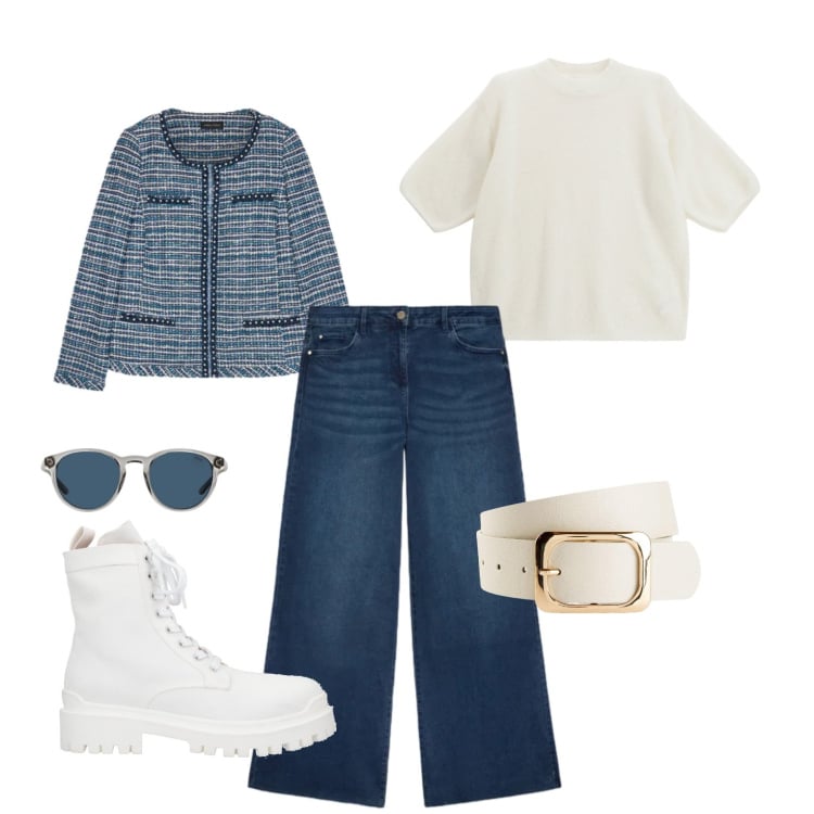 Outfit donna - Azzurro come il cielo. Stile Casual per Tutti i giorni. Abbinamento con cinture, stivaletti, maglieria, occhiali da sole, jeans, blazer.