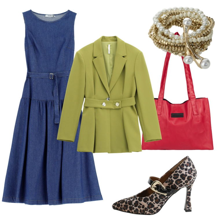 Outfit donna - Un po\' di colore. Stile Casual per Tutti i giorni. Abbinamento con décolleté, blazer, braccialetti, vestiti lunghi, shopping bag.