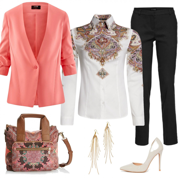 Outfit donna - La camicia con gli arabeschi. Stile Bon Ton per Ufficio. Abbinamento con pantaloni, orecchini, camicetta con stampa aderente bianco, blazer aderente rosa, décolleté pianta larga beige, borsa arancione.