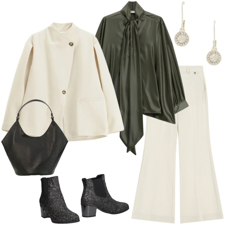 Outfit donna - Il fascino dei dettagli. Stile Casual chic per Serata fuori. Abbinamento con stivaletti chelsea, borse a spalla, camicie, pantaloni a palazzo, blazer, orecchini.