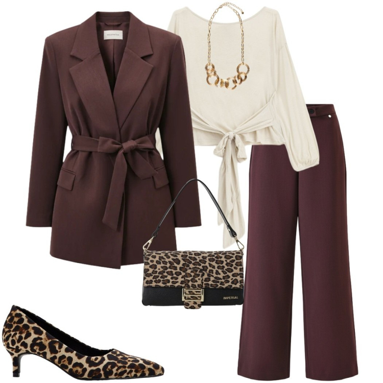 Outfit donna - San Valentino curvy. Stile Casual chic per Serata fuori. Abbinamento con décolleté, borse a spalla, top, blazer, pantaloni, collane.