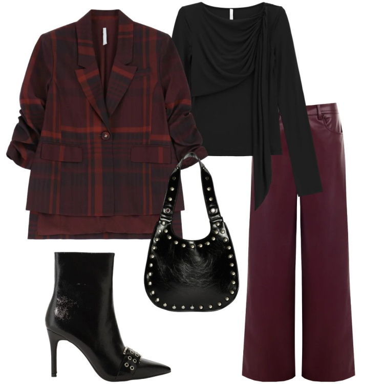 Outfit donna - San Valentino curvy. Stile Casual chic per Serata fuori. Abbinamento con blazer, bluse, stivaletti, pantaloni, borse a spalla.