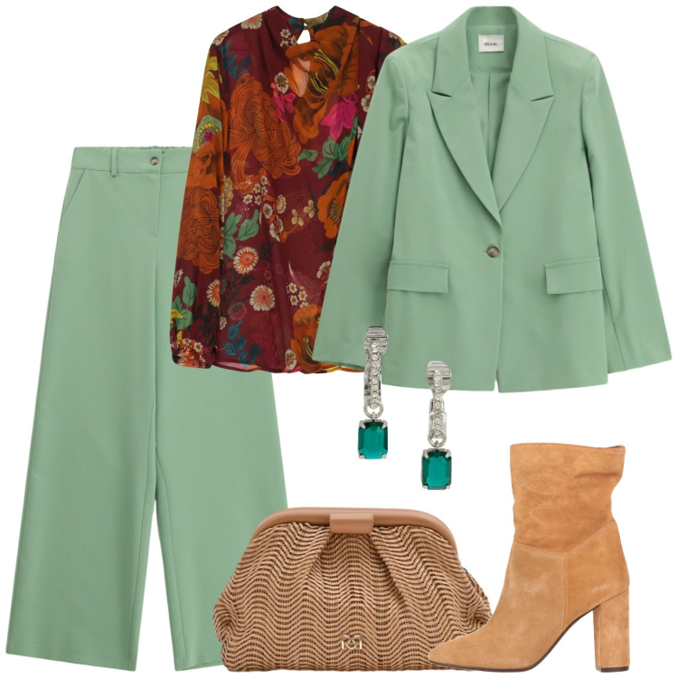 Outfit donna - Verde speranza. Stile Casual chic per Ufficio. Abbinamento con stivaletti, camicie, pantaloni a palazzo, blazer, pochette, orecchini.