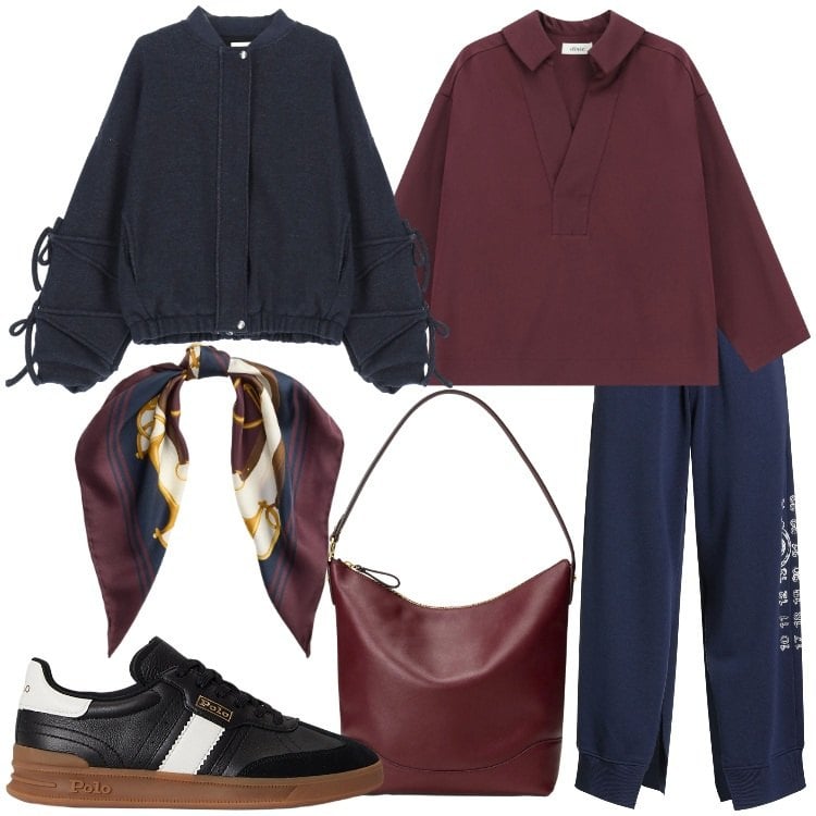 Outfit donna - Burgundy Love. Stile Urban per Serata fuori. Abbinamento con pantaloni, camicie, bomber, sneakers, borse a secchiello, foulard.