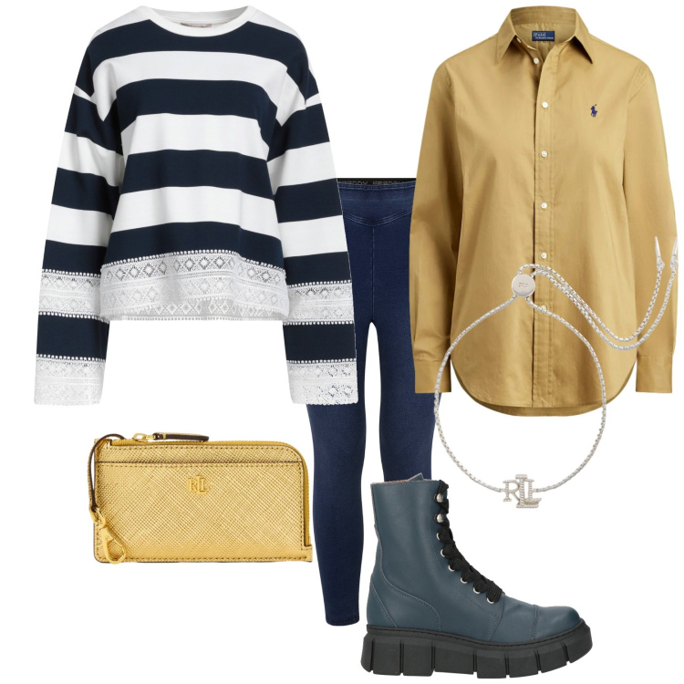 Outfit donna - Un tocco di senape. Stile Urban per Tutti i giorni. Abbinamento con stivaletti, felpe, jeggings, braccialetti, portafogli, camicie.