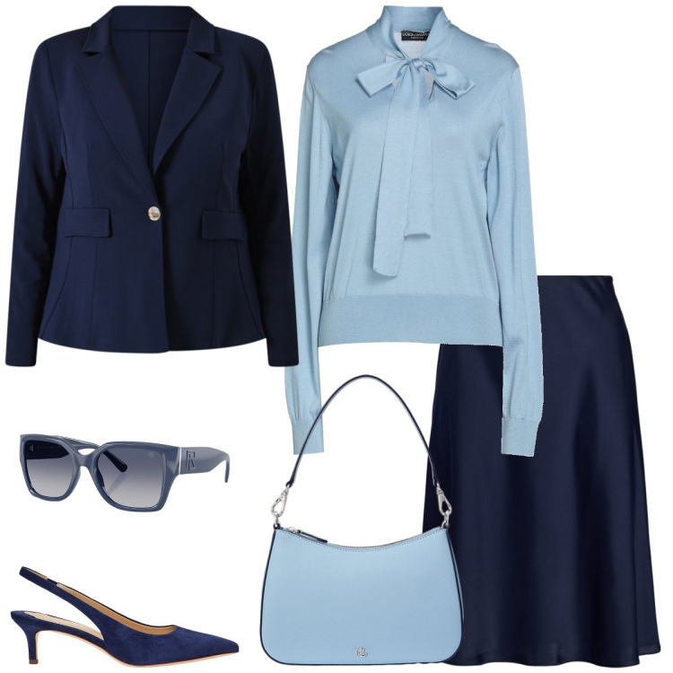 Outfit donna - Total look #2332331. Stile Chic per Ufficio. Abbinamento con pullovers, blazer, décolleté, gonne, borse a spalla, occhiali da sole.