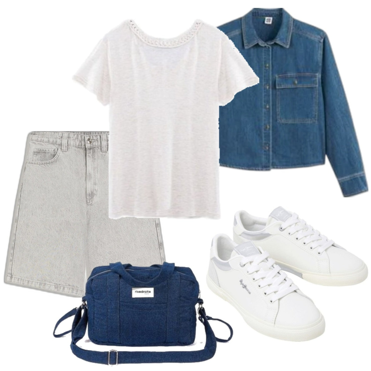 Outfit mujer - Casual look. Estilo Casual para Todos los días. Combinación con bandoleras, sneakers, camiseta, camisas, shorts.