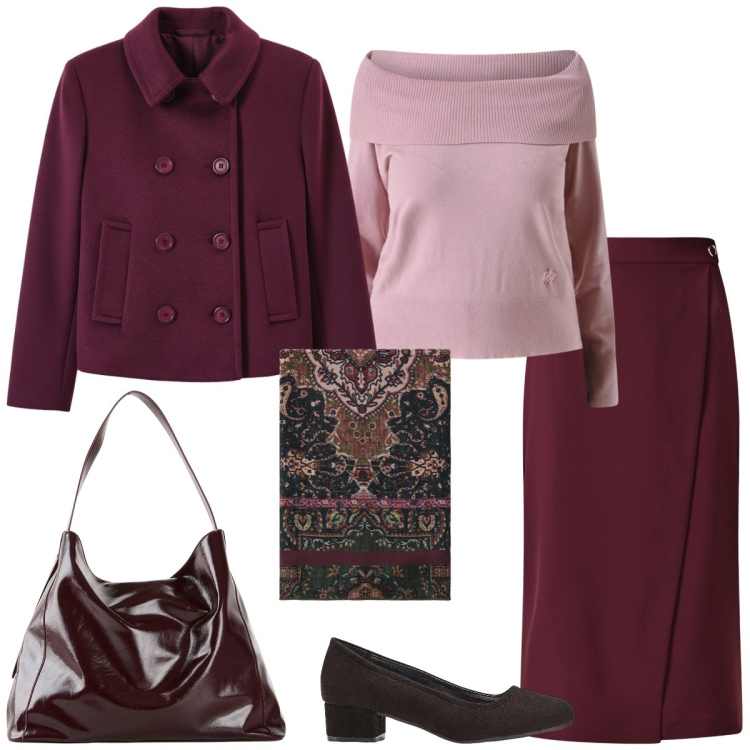 Outfit donna - Total look #2332336. Stile Chic per Tutti i giorni. Abbinamento con décolleté, shopping bag, foulard, gonne, maglieria, caban.