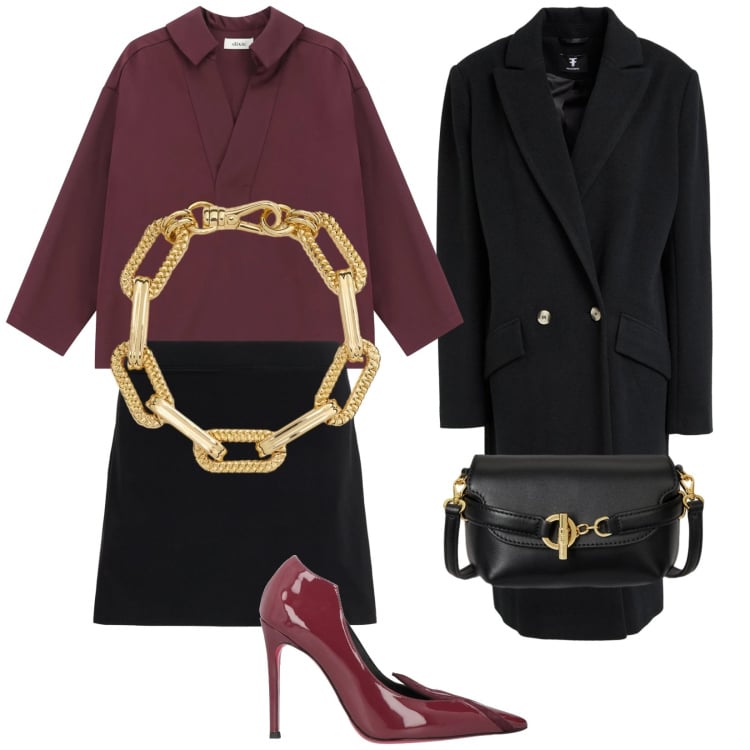 Outfit donna - Quattordici febbraio. Stile Chic per Serata fuori. Abbinamento con cappotti, décolleté, camicie, braccialetti, borse a tracolla, minigonne.