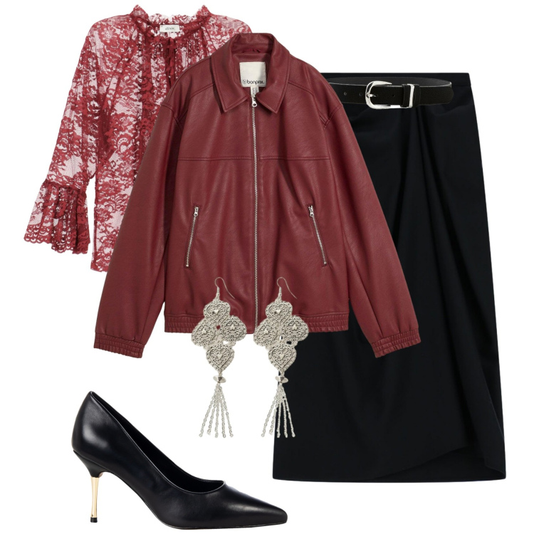 Outfit donna - Burgundy love. Stile Sexy per Serata fuori. Abbinamento con blazer, cinture, gonne longuette, camicie, orecchini, décolleté.