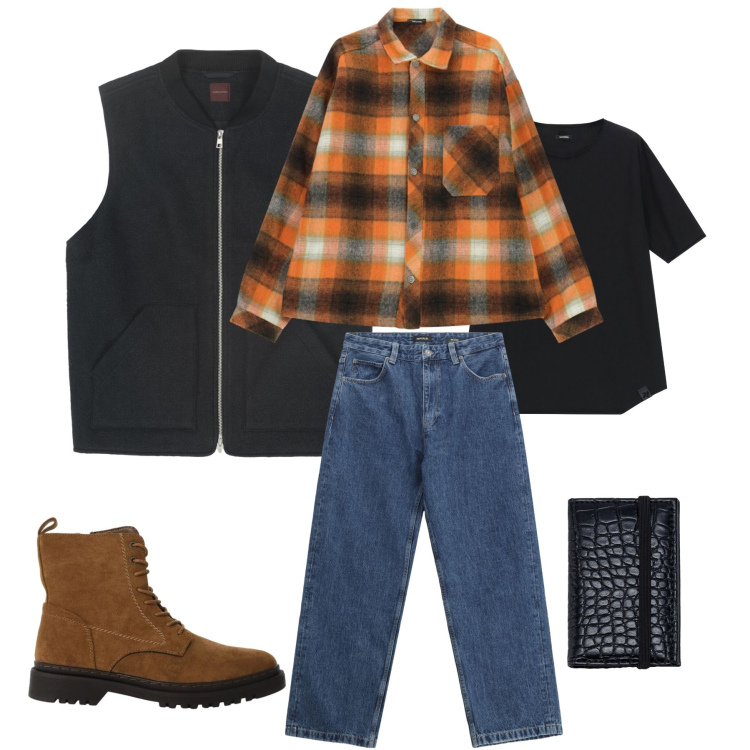 Outfit uomo - Urban Explorer: Check & Denim. Stile Urban per Tutti i giorni. Abbinamento con jeans, t-shirt, anfibi, camicie, portafogli, piumini.