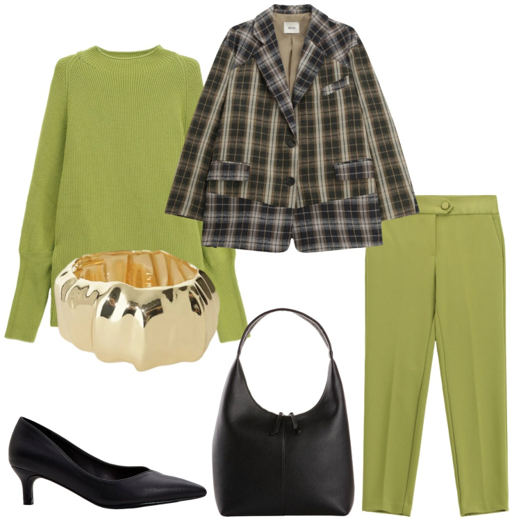 Outfit donna - Total look #2332379. Stile Chic per Ufficio. Abbinamento con décolleté, shopping bag, pantaloni, maglieria, blazer, braccialetti.