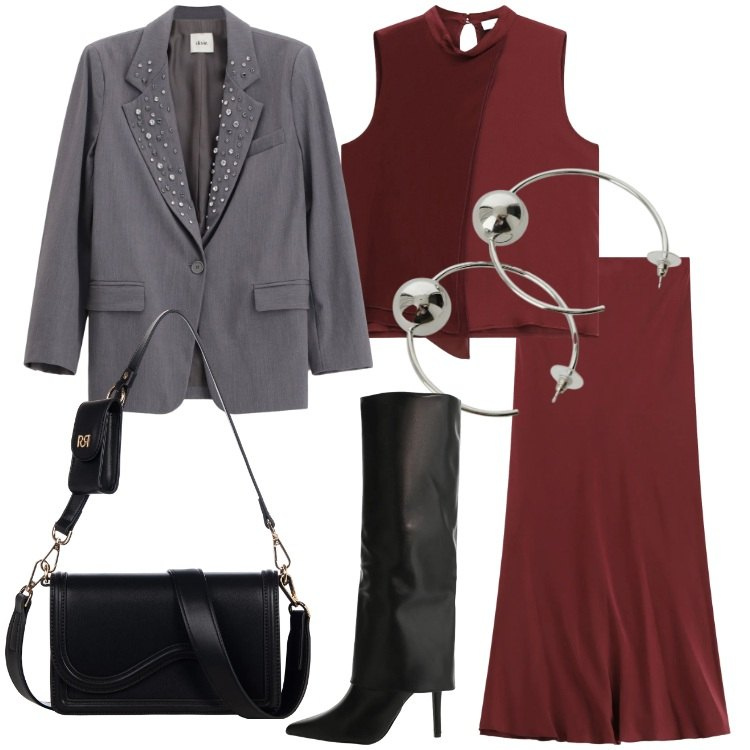 Outfit donna - Un outfit per San Valentino. Stile Trendy per Serata fuori. Abbinamento con stivali, gonne lunghe, blazer, top, orecchini, pochette.
