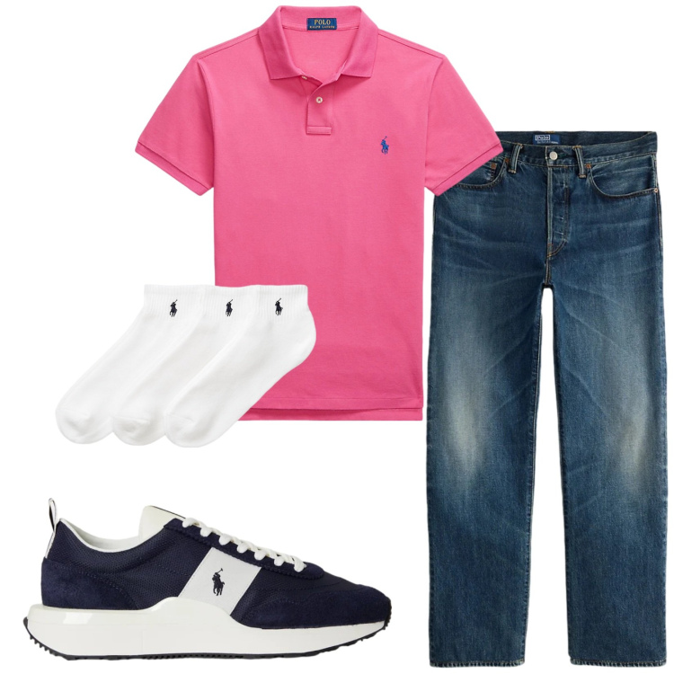 Outfit uomo - Total look #2332420. Stile Casual per Tutti i giorni. Abbinamento con calzini, polo, jeans dritti, sneakers.