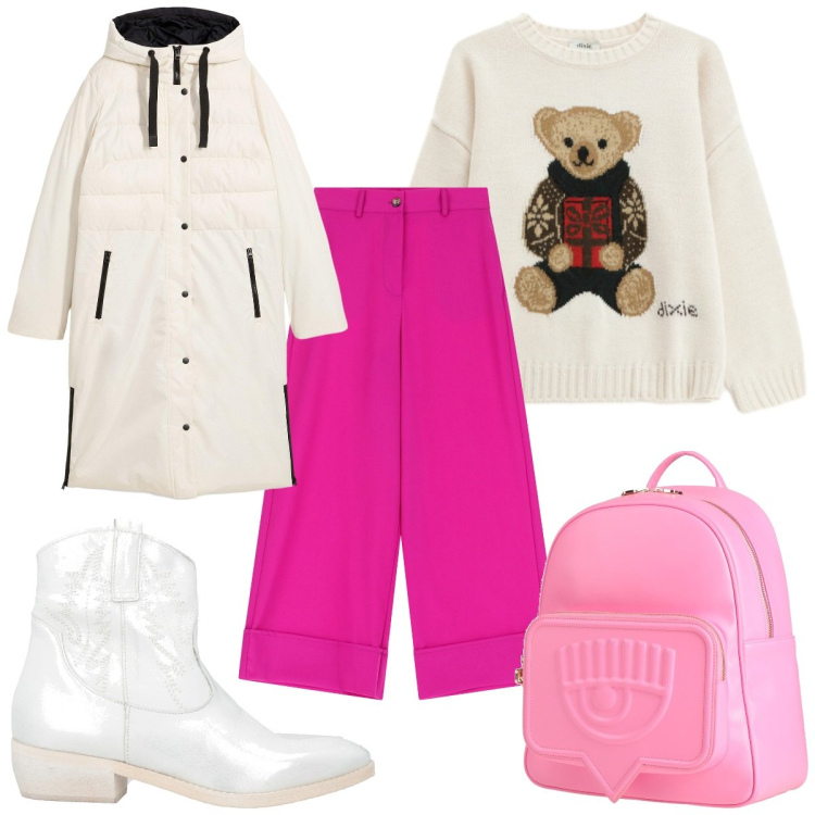 Outfit donna - Un po di colore: ecco il fucsia. Stile Trendy per Tutti i giorni. Abbinamento con piumini, stivaletti texani, zaini, pantaloni a palazzo, maglieria.