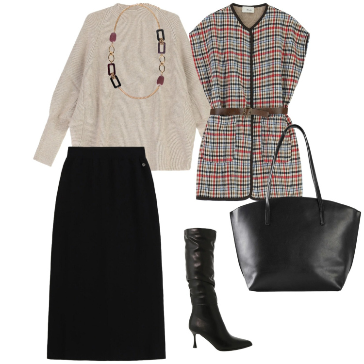 Outfit donna - I quadri. per Scuola/Università. Abbinamento con shopping bag, stivali sopra il ginocchio, gilet, maglieria, gonne lunghe, collane.