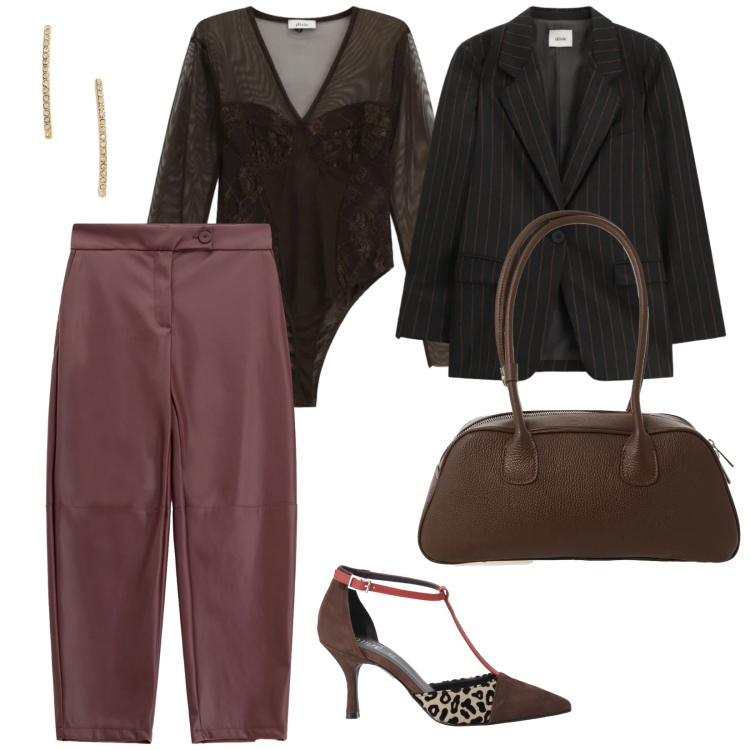 Outfit donna - Dalla mattina alla sera. per Serata fuori. Abbinamento con pantaloni, décolleté, borse a mano, blazer, body, orecchini.
