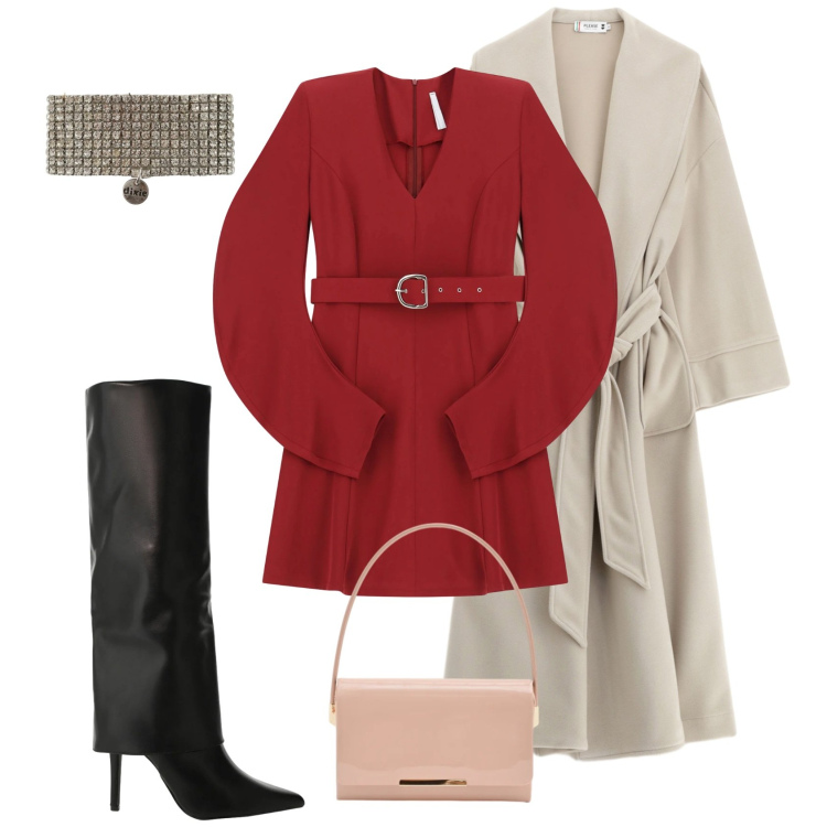 Outfit donna - Burgundy love. Stile Glamour per Serata fuori. Abbinamento con vestiti corti, stivali, braccialetti, pochette, cappotti.