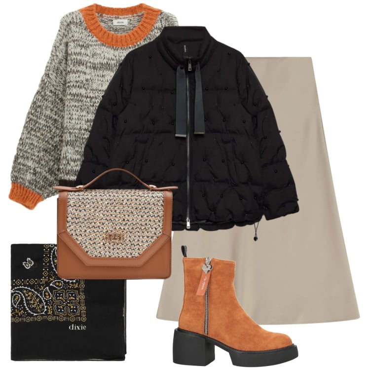 Outfit donna - Inverno comfy. Stile Casual per Tutti i giorni. Abbinamento con stivaletti, gonne longuette, foulard, maglieria, pochette, piumini.