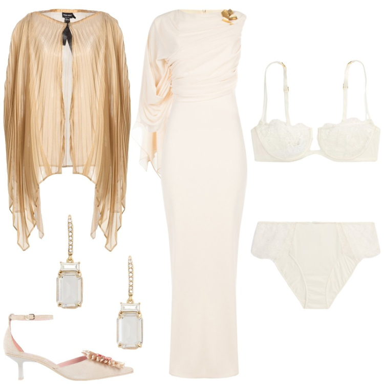 Outfit donna - Sposa di febbraio. Stile Chic per Cerimonia. Abbinamento con décolleté, cappotti, vestiti lunghi, reggiseni a balconcino, culotte, orecchini.
